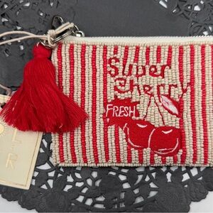 Sol $ Mer Super Cherry Fresh Beaded Coin Pouch Red Striped Tassel Zip Pouch NWT